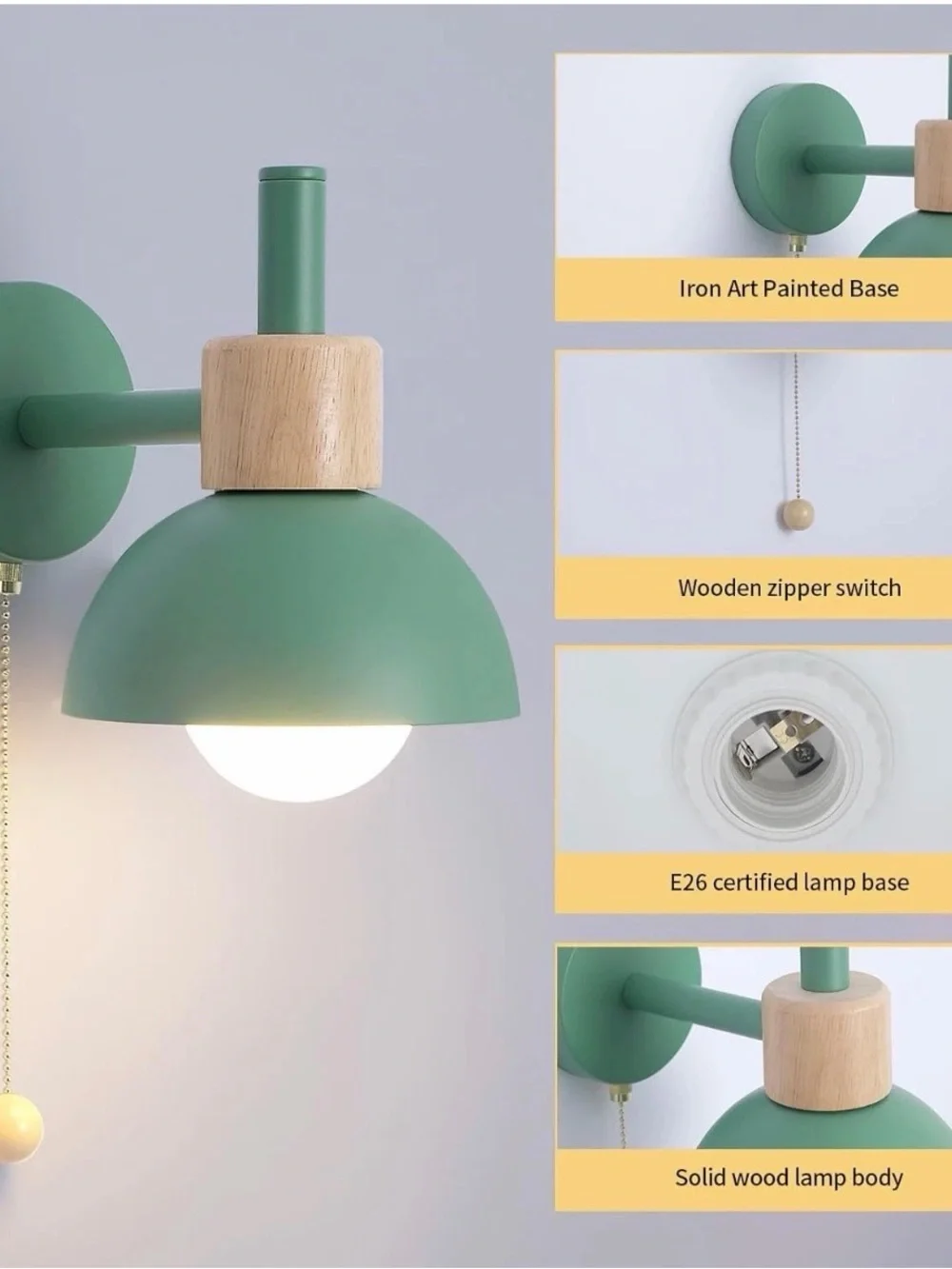 Modern Green Bathroom Wall Sconce - Mid-Century Vanity Light with Pull Chain